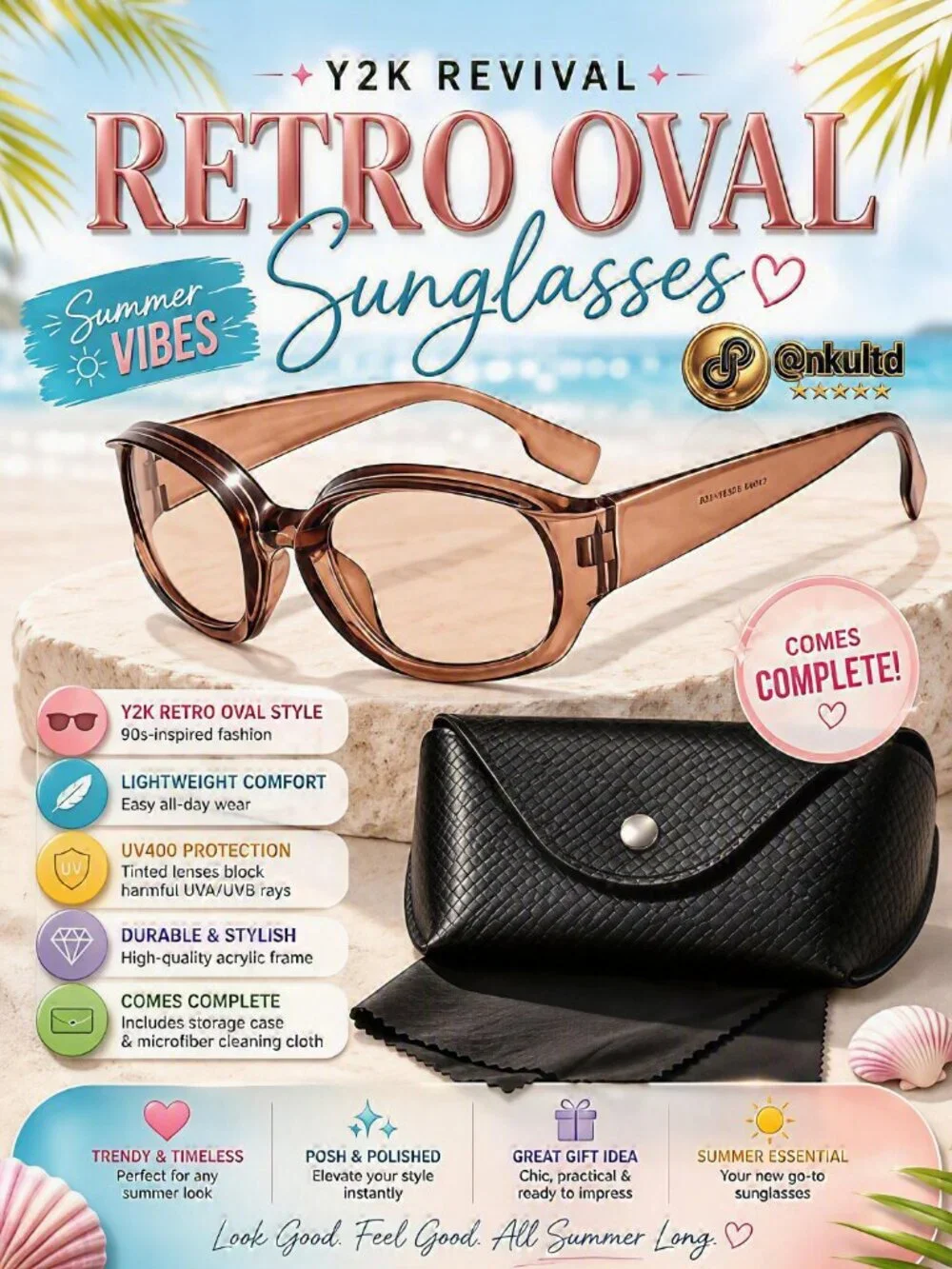 Y2K Retro Oval Sunglasses Tea Champagne Brown UV400 Acrylic Vintage Clean Girl